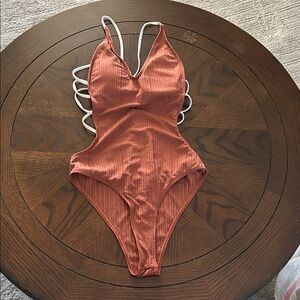 Rust Ribbed One-Piece Swimsuit with White Strappy Back